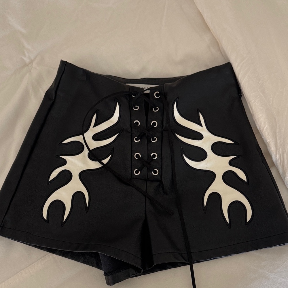 12th Tribe Black and White Flame Lace-Up Leather Shorts